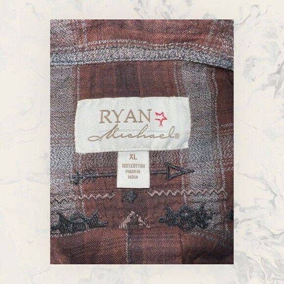 Ryan Michael Western Aztec Embroidered Long Sleeve Brown Snap Button Men’s XL - Picture 6 of 9